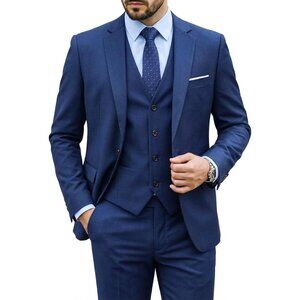 Men's Deep Blue 3 Piece Set With Tie Slim Fit Prom Party Wedding Business Suits